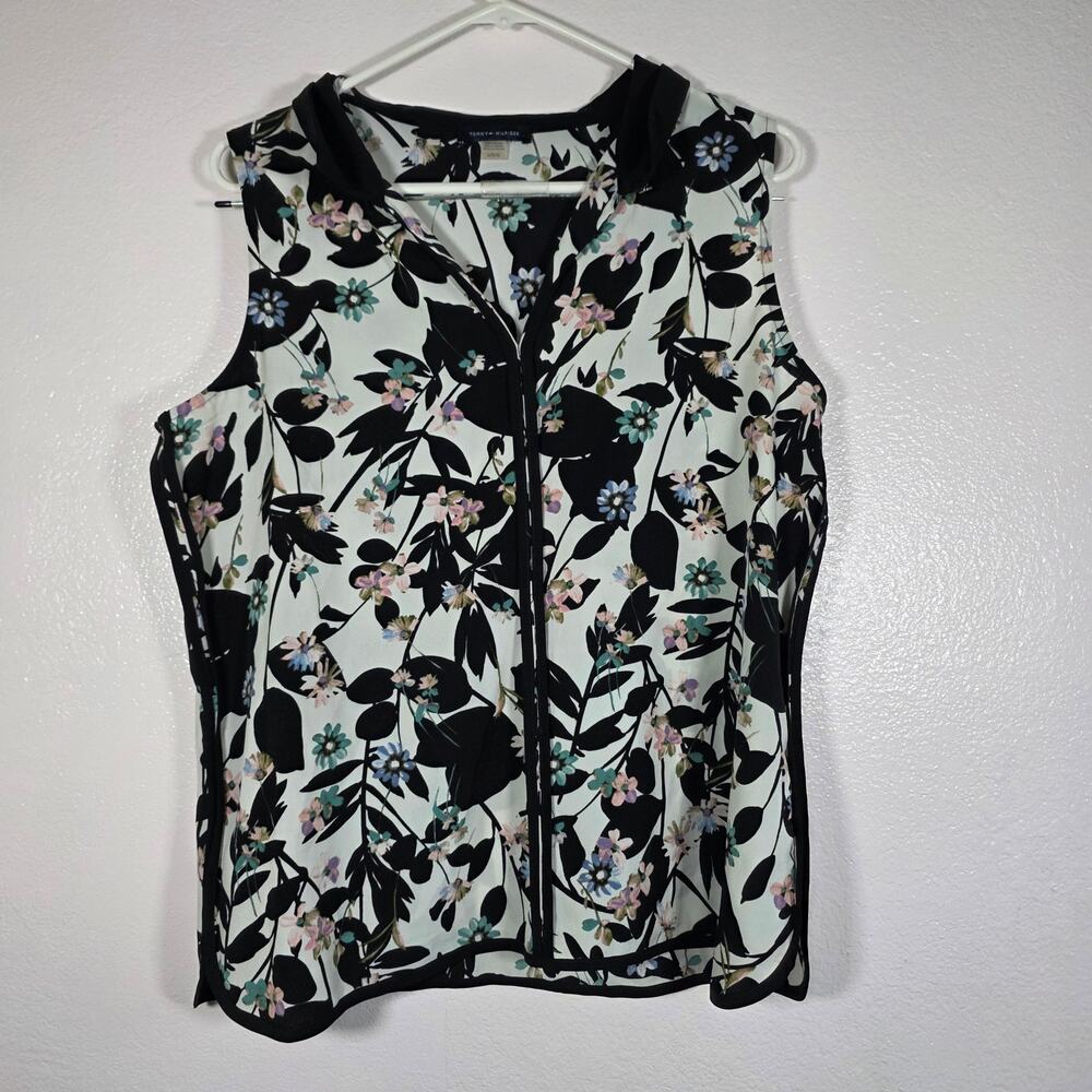 Tommy Hilfiger Floral Sleeveless Zip Front Blouse White Black Womens L
